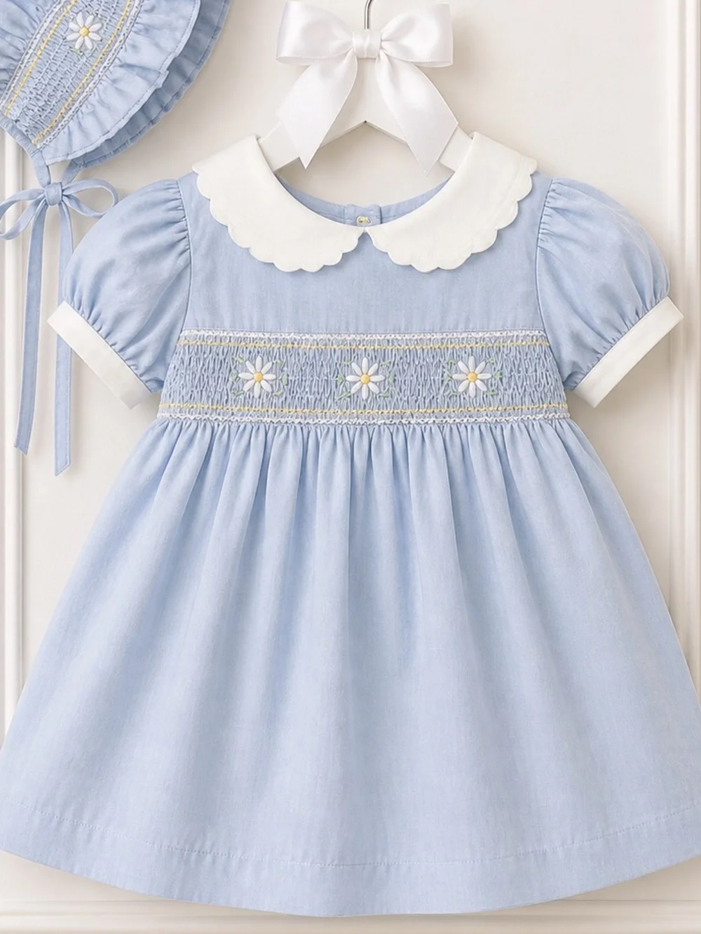 Vintage Rare Baby Girl 3-6M Blue Smocked Heirloom Dress with Matching Bonnet HTF